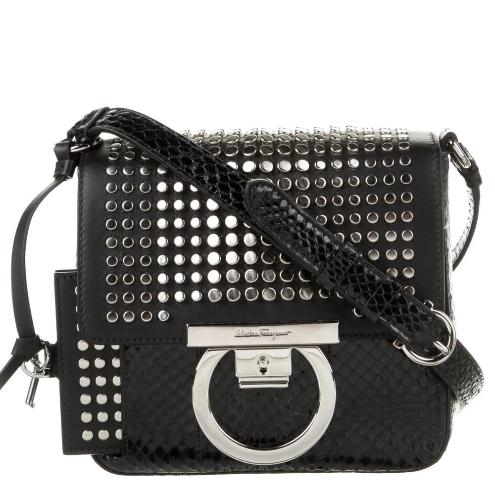 Salvatore Ferragamo Studded Exotics Python Shoulder Grancini Flap Mini Bag